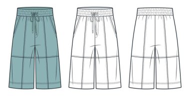 Knee Short Pants moda düz çizim şablonu. Jogger Shorts teknik moda illüstrasyonu, cepler, elastik bel, ön ve arka görüş, beyaz, yeşil, kadınlar, erkekler, unisex CAD model seti.