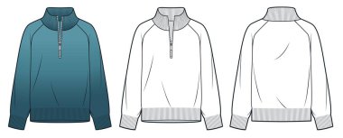 Raglan Kollu Süveter Teknik Moda İllüstrasyonu. Yarı fermuarlı süveter moda düz çizim şablonu, yuvarlak boyun, gevşek fit, ön ve arka görüş, beyaz, mavi, kadın, erkek, unisex CAD model seti.