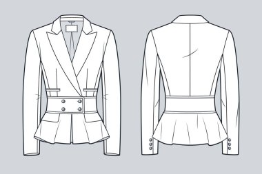 Klasik Ceket Teknik Moda İllüstrasyonu. Peplum moda düz çizim şablonu, düğmeler, ön ve arka görüş, beyaz, kadın CAD modeli.