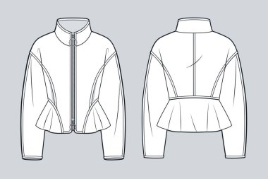 Peplum ve Fermuar teknik moda illüstrasyonlarıyla donatılmış bir ceket. Hafif Ceket moda düz çizim şablonu, cepler, ön ve arka görünüm, beyaz, kadın CAD modeli.