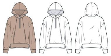 Fermuarlı kapüşonlu, teknik moda illüstrasyonlu. Sweatshirt moda düz çizim şablonu, cepler, tırtıklı kenarlar, rahat forma, ön ve arka görünüm, beyaz, moka, kadın, erkek, unisex CAD model seti.