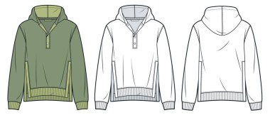 Kaburgalı Kapüşonlu Kapüşonlu Teknik Detaylı Moda İllüstrasyonu. Sweatshirt moda düz çizim şablonu, yan kesik, düğme kapama, gevşek forma, ön ve arka görüş, beyaz, yeşil, kadınlar, unisex Top CAD model seti.