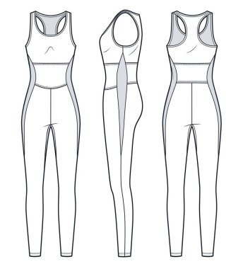 Spor Vücut Kıyafeti Teknik Moda İllüstrasyonu. Racerback Activesuit Tulum Moda düz çizim şablonu, ön, yan ve arka görünüm, kadınlar, erkekler, unisex CAD.