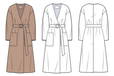Klasik Coat Teknik Moda İllüstrasyonu. Kemerli ceketin düz çizim şablonu, v yaka, midi, cepler, sırt yarığı, ön ve arka görüş, beyaz, moka kahverengi, kadınlar, erkekler, unisex CAD model seti.