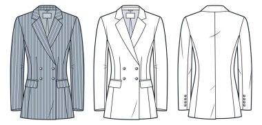 Double-Breasted Striped Blazer Technical Fashion Illustration. Classic Jacket fashion flat technical drawing template, tailored fit; front and back view, white, grey, women, men, unisex CAD mockup set. clipart