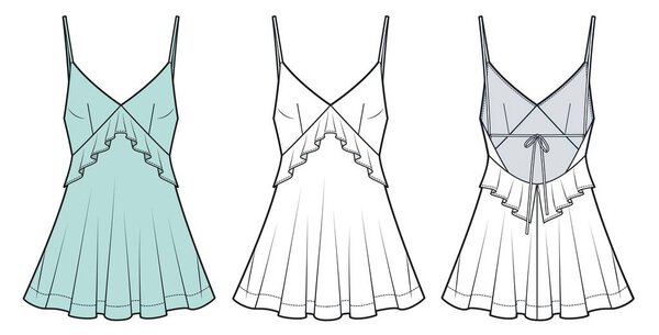 Женщины нарядились в платья с рюшами и эскизом моды. Спагетти бретельки мини Платье моды плоский технический рисунок шаблон, смещение вырезать, открыть спину, галстук назад, вид спереди и сзади, белый, зеленый, женщины CAD макет набор.