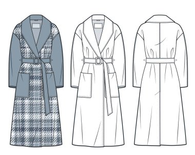 Palto Teknik Moda İllüstrasyonu. Kemerli palto düz çizim şablonu, v yaka, midi boy, cepler, sırt yarığı, ön ve arka görüş, beyaz, gri, kadınlar, erkekler, unisex CAD model seti.