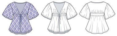 Kravatlı Kabarık Gömlek Teknik Moda İllüstrasyonlu. Tunik Bluz moda düz çizim şablonu, örtülü, v yaka, gevşek uygun, ön ve arka görünüm, beyaz, leylak, kadın CAD modelleme seti.