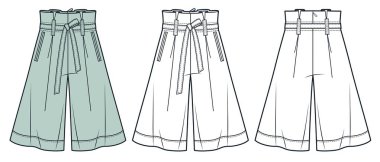 Geniş Bacaklı Kağıt Torba Kısa Pantolon Teknik Moda İllüstrasyonu. Bermuda Shorts moda düz çizim şablonu, diz boyu, cepler, kemer, ön ve arka görüş, beyaz, yeşil, kadın, erkek, unisex CAD model seti.