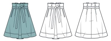 Kağıt Belli A-Hattı Etek Teknik Moda Çizimi. Pürüzlü diz kapağı düz teknik çizim şablonu, kemer, arka fermuar, ön ve arka görüş, beyaz, yeşil, kadın CAD model seti.