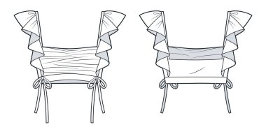 Dalgalı kayışlı kadınlar Teknik Moda İllüstrasyonu. Drape Top moda düz çizim şablonu, ön fiyonklar, dar kesim, ön ve arka görünüm, beyaz, kadın CAD modeli.