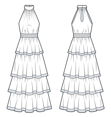 Maxi Elbise Teknik Moda İllüstrasyonu 'na katlanmış. Halter Neck Düz Teknik Şablon, maksimum uzunluk, önlüklü bel, ön ve arka görüş, beyaz, kadın CAD modeli giyin.