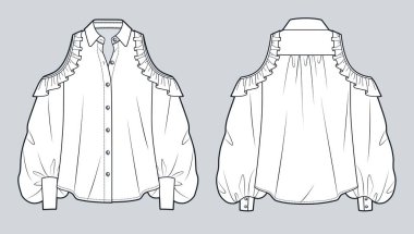 Soğuk Omuz Bluzu Teknik Moda İllüstrasyonu. Fırfırlı Balon Kollu Gömlek Düz Teknik Şablon, Düğme Yaka, Omuz, Ön ve Arka Görünüm, Beyaz, Kadın CAD.