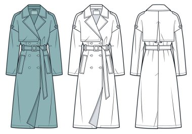 Klasik Çift Göğüslü Trençkot Teknik Moda İllüstrasyonu. Palto moda düz çizim şablonu, midi uzunluğu, cepler, ön ve arka görünüm, beyaz, yeşil, kadınlar, erkekler, unisex CAD model seti.