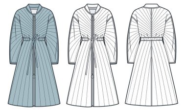 Örtülü Uzun Paltolu Teknik Moda İmülasyonu. Down Jacket moda düz çizim şablonu, cepler, fermuar, midi uzunluğu, ön ve arka görünüm, beyaz, mavi, kadın, erkek, unisex CAD model seti.