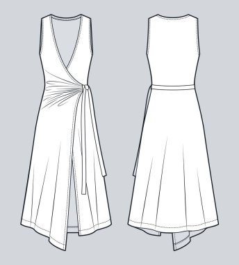 Giysi Teknik Moda İllüstrasyonu. Drape midi Dress moda düz çizim şablonu, asimetrik, ön ve arka görünüm, beyaz, kadın CAD modeli.