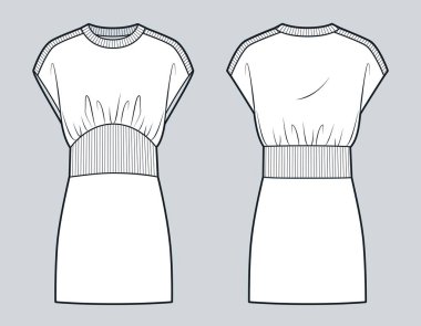 Gayri resmi kıyafet tekniği tasviri. Süveter Mini Elbise Düz Teknik Şablon, ön ve arka görünüm, beyaz, tırtıklı, Kadınlar CAD Model Giyin.
