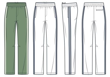 Düz Bacaklı Koşu Pantolonu Teknik Moda Çizimi. Çizgili Koşu Pantolonu Düz Teknik Şablon, ön, yan ve arka görünüm, cepler, çizgili tel, beyaz, yeşil, kadın, erkek, unisex CAD model seti.