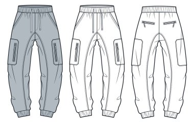 Kargo Koşucusu Pantolon Teknik Moda İllüstrasyonu. Jersey Pants teknik moda illüstrasyonu, elastik bel, cepler, ön ve arka görüş, beyaz, gri, kadınlar, erkekler, unisex CAD model seti.