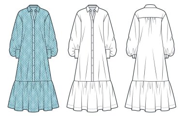 Boho Maxi Shirt Kıyafet Teknik Moda İllüstrasyonu. Balon kollu elbise düz teknik çizim şablonu, düğmeleri ilikli, fırfırlı, rahat uyum, ön ve arka görünüm, beyaz, mavi, kadın CAD model seti.