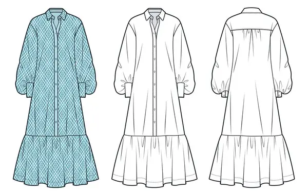 Boho Maxi Shirt Kıyafet Teknik Moda İllüstrasyonu. Balon kollu elbise düz teknik çizim şablonu, düğmeleri ilikli, fırfırlı, rahat uyum, ön ve arka görünüm, beyaz, mavi, kadın CAD model seti.