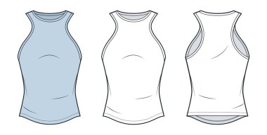 Kadınlar Yarış Sırtı Tankı Teknik Moda İllüstrasyonu. Slim Fit Top moda düz çizim şablonu, mürettebat boynu, kolsuz, ön ve arka görüş, beyaz, mavi, kadın, erkek, unisex CAD model seti.