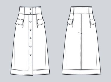 Yüksek Belli Düğmeli Midi Etekli Teknik Moda Çizimi. A-Line Etek moda düz çizim şablonu, cepler, ön ve arka görünüm, beyaz, kadın CAD modeli.