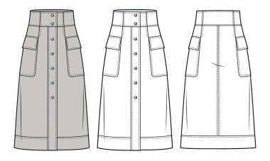Yüksek Belli Düğmeli Midi Etekli Teknik Moda Çizimi. A-Line Etek moda düz çizim şablonu, cepler, ön ve arka görünüm, beyaz, bej, kadın CAD model seti.