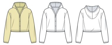 Kapüşonlu Cardigan Teknik Moda İllüstrasyonu. Kesilmiş süveter moda düz çizim şablonu, düğmeler, ön ve arka görünüm, beyaz, pastel sarı, kadınlar, erkekler, unisex CAD model seti.