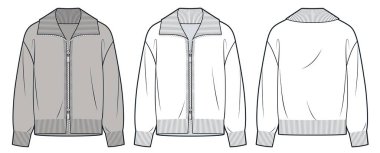 Geniş Ribbed Collar Teknik Moda İllüstrasyonlu Fermuar Ceket. Cardigan Süveter düz teknik çizim şablonu, ön fermuar, rahat formda, önden ve arkadan görüş, beyaz, kahverengi, kadın, erkek, unisex CAD model seti.