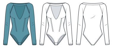 Derin V-Boyun Moda Çizimi olan vücut kıyafeti. Bodysuit moda düz çizim şablonu, uzun kollu, dar kesim, ön ve arka görünüm, beyaz, yeşil, kadın CAD model seti.