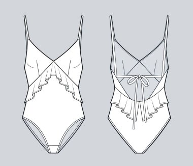 Tek Parçalık Mayo Moda Çizimi. Ruffles Spagetti Kayışlı Vücut Giysileri Moda Düz Çizim Şablonu, Açık Arka, Ön ve Arka Görünüm, Beyaz, Kadın CAD.