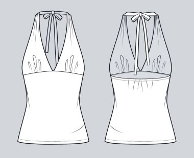 Kravat Kapama Moda Çizimi ile Halter Boyun Üstü. Üst moda düz çizim şablonu, örtülmüş, monte edilmiş, ön ve arka görünüm, beyaz, kadın CAD modeli.