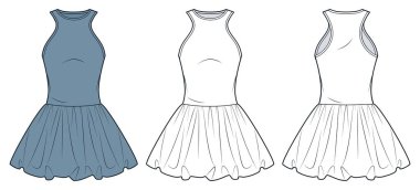 Poplin popo teknikli kolsuz Jersey elbisesi. Mini elbise düz çizim şablonu, balon etek, yuvarlak boyun, ön ve arka görüş, beyaz, mavi, kadın CAD model seti.