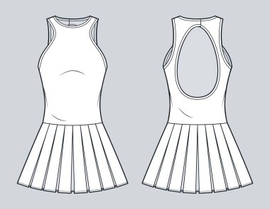 Açık Arkalı Kolsuz Tenis Elbisesi ve Pileli Etek Teknik Moda İllüstrasyonu. Atletik mini elbise düz çizim şablonu, ön ve arka görünüm, beyaz, kadın CAD modeli.