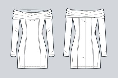 Off-Shoulder Drape Mini Elbise Teknik Moda Çizimi. Jersey Elbisesi Düz Teknik Şablon, uzun kollu, dar kesim, ön ve arka görünüm, beyaz, kadın CAD modeli.