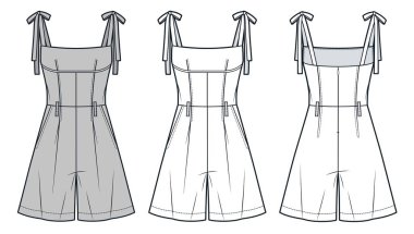 Kadın Playsuit Teknik Moda Çizimi. Bow Straps moda düz çizim şablonu, ön ve arka görüş, beyaz, gri, arka fermuar, kadın CAD modeli.