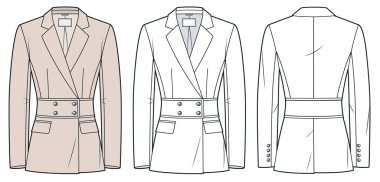 Çift göğüslü kadın Blazer. Teknik taslak çizimi. Terzi ceketi moda düz çizim şablonu, ön ve arka görünüm, flep cepler, düğmeler, monte, beyaz, bej, kadın CAD modeli.