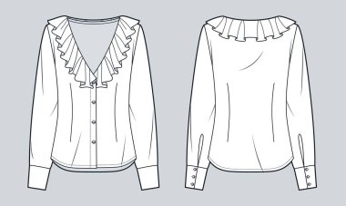 Kadınlar Ruffled Bluz Teknik Moda İllüstrasyonu. Uzun kollu gömlek düz teknik çizim şablonu, ön ve arka görünüm, düğme kapama, beyaz, kadın CAD modeli.