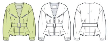 Kemerli Kadın Ceketi ve Fermuar Teknik Moda Çizimi. Trench Coat moda düz çizim şablonu, kırpılmış, cepleri, ön ve arka görünümü, beyaz, limon yeşili, kadın CAD model seti.