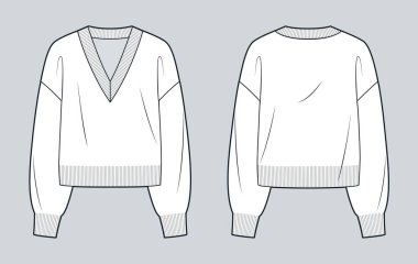 Gevşek V-Neck Süveter Düz Çizim. Kazaklı Jumper moda düz çizim şablonu, ön ve arka görünüm, beyaz, kadın, erkek, unisex CAD modeli.