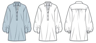 Yarım düğmeli Tunic Shirt ve şehvetli kollu düz çizim. Mini Elbise Düz Teknik Şablon, Düğme Yaka, Kelepçe, Ön ve Arka Görüş, Beyaz, Mavi, Kadın Moda Moda Moda Moda Moda Moda Moda Moda Moda Moda Moda Moda Moda Moda Moda Moda Moda Seti.