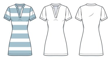 Kısa kollu Tunic tişörtü ve Split Neckline Teknik Moda İllüstrasyonu. Polo elbisesi düz çizim şablonu, kısa kollu, penil, ince, ön ve arka görüş, beyaz, mavi, kadın CAD modeli.