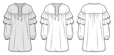 Ruffle Dress Teknik Moda İllüstrasyonu. Bohem kravatı Düz Teknik Şablon, V yaka, mini boy, balon uzun kol, ön ve arka görüş, beyaz, gri, kadın CAD modeli.