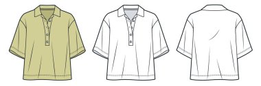 Büyük boy Polo Gömlekli Düz Çizim. Crop Tee Shirt moda düz teknik rüzgar şablonu, düğme plaket; omuz, ön ve arka görünüm, beyaz, sarı, kadın, erkek, unisex Top CAD modeli.