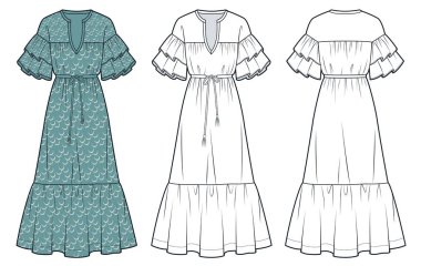 Bohem Ruffle Kollu Maxi Elbise Düz Çizim. Sıralı moda düz çizim şablonu, düz bel, rahat forma, ön ve arka görüş, beyaz, yeşil, kadın CAD modeli.