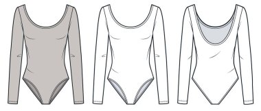 Uzun Kollu Vücut Kıyafeti Teknik Moda İllüstrasyonu. Kepçe Boyun Bodysuit moda düz çizim şablonu, dar kesim, ön ve arka görünüm, beyaz, kahverengi, kadın CAD model seti.