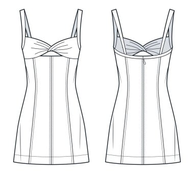 Mini Elbise Düz Şablonu. Büstiyer Elbise düz çizim şablonu, kayışlar, bükülmüş ön, kesme, montaj, ön ve arka manzara, beyaz, kadın CAD modelini giyin.