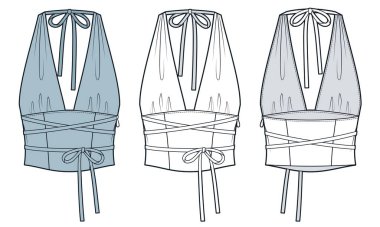 Halter Top Teknik Skeç. Criss Cross Top moda düz çizim şablonu, kravat kapama, yan fermuar, ön ve arka görüş, beyaz, mavi, kadın CAD modeli.