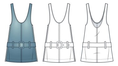 Geniş Kuşaklı Kolsuz Elbise, teknik tasviri. Dungaree Elbise Düz Teknik Şablon, A-line, Düz boyun, yan fermuarlar, rahat formda, ön ve arka manzara, beyaz, klasik mavi, kadın CAD modeli.